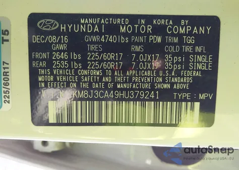 2017 Hyundai Tucson Se from USA, damaged, VIN KM8J3CA49HU379241